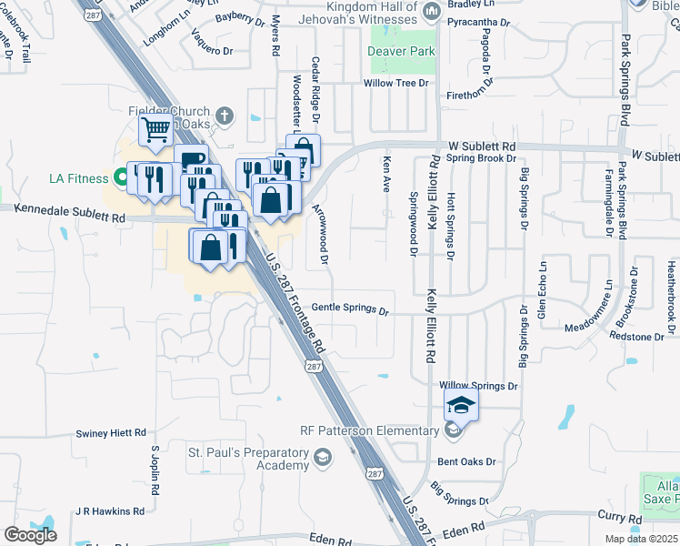 map of restaurants, bars, coffee shops, grocery stores, and more near 6229 Arrowwood Drive in Arlington