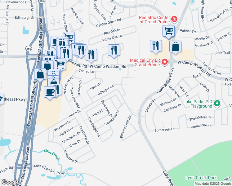 map of restaurants, bars, coffee shops, grocery stores, and more near 2702 Sun Rise Lane in Grand Prairie