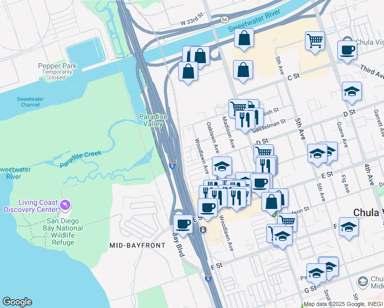 map of restaurants, bars, coffee shops, grocery stores, and more near 719 Seaside Street in Chula Vista