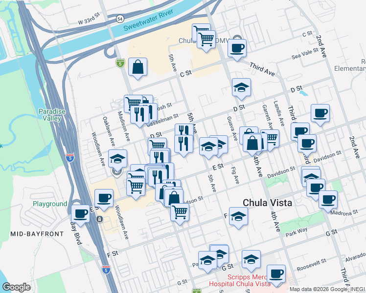 map of restaurants, bars, coffee shops, grocery stores, and more near 130 Cedar Avenue in Chula Vista