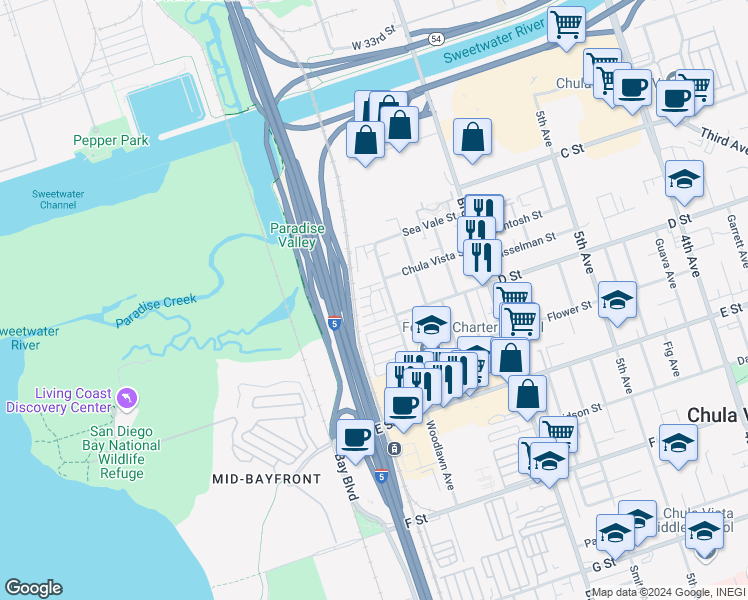 map of restaurants, bars, coffee shops, grocery stores, and more near 770 Seaside Street in Chula Vista