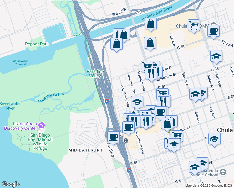 map of restaurants, bars, coffee shops, grocery stores, and more near 770 Seaside Street in Chula Vista