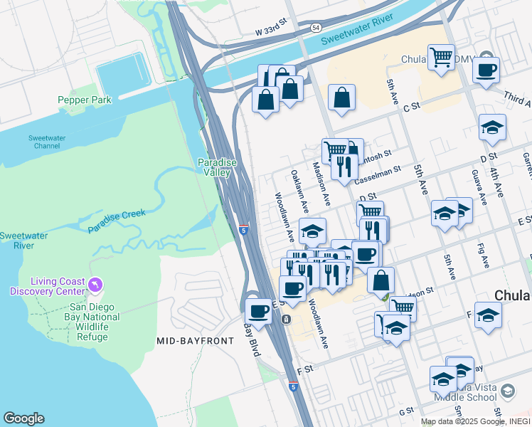 map of restaurants, bars, coffee shops, grocery stores, and more near 770 Seaside Street in Chula Vista