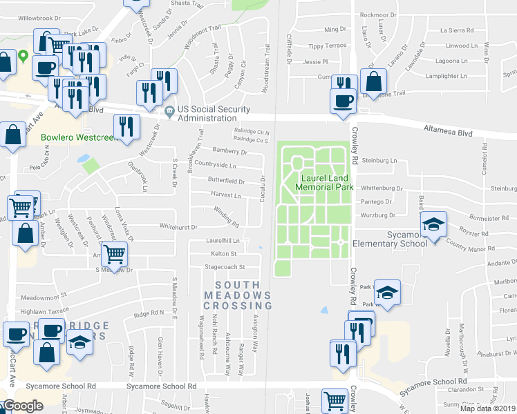 map of restaurants, bars, coffee shops, grocery stores, and more near 6800 Cuculu Drive in Fort Worth