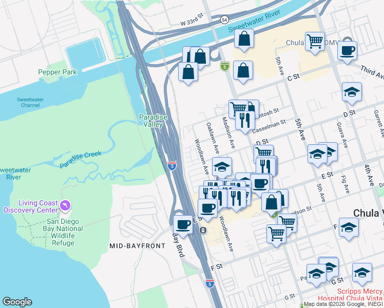 map of restaurants, bars, coffee shops, grocery stores, and more near 770 Seaside Street in Chula Vista