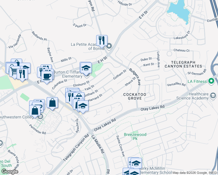 map of restaurants, bars, coffee shops, grocery stores, and more near 1761 Harvard Street in Chula Vista