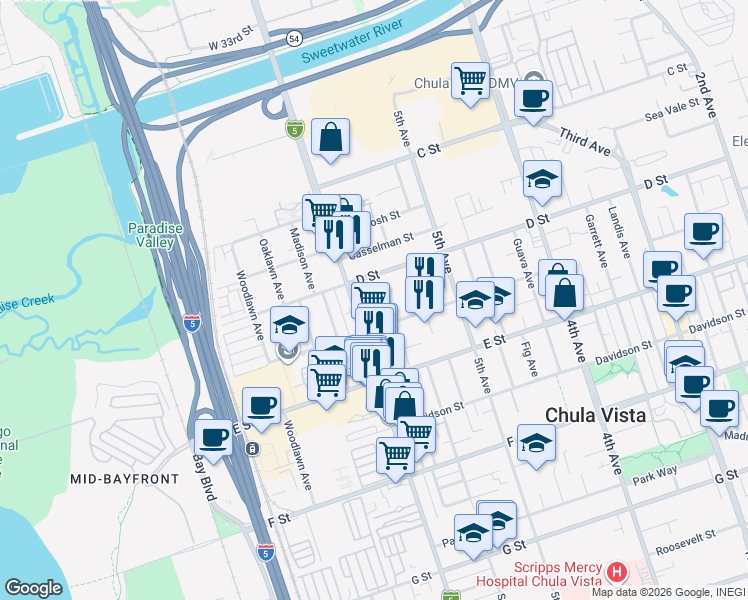 map of restaurants, bars, coffee shops, grocery stores, and more near 119 Broadway in Chula Vista