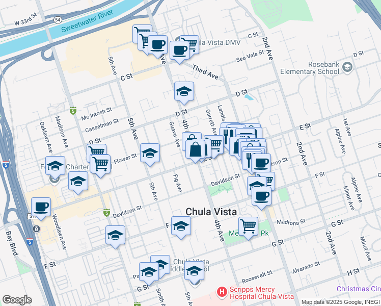 map of restaurants, bars, coffee shops, grocery stores, and more near 178 4th Avenue in Chula Vista