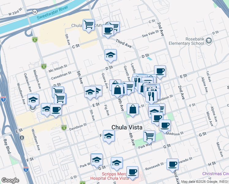 map of restaurants, bars, coffee shops, grocery stores, and more near in Chula Vista