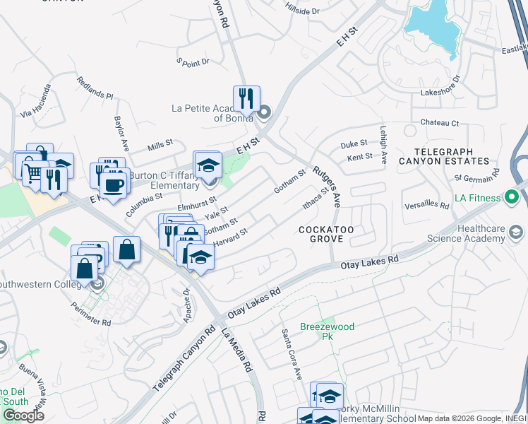 map of restaurants, bars, coffee shops, grocery stores, and more near 1761 Harvard Street in Chula Vista