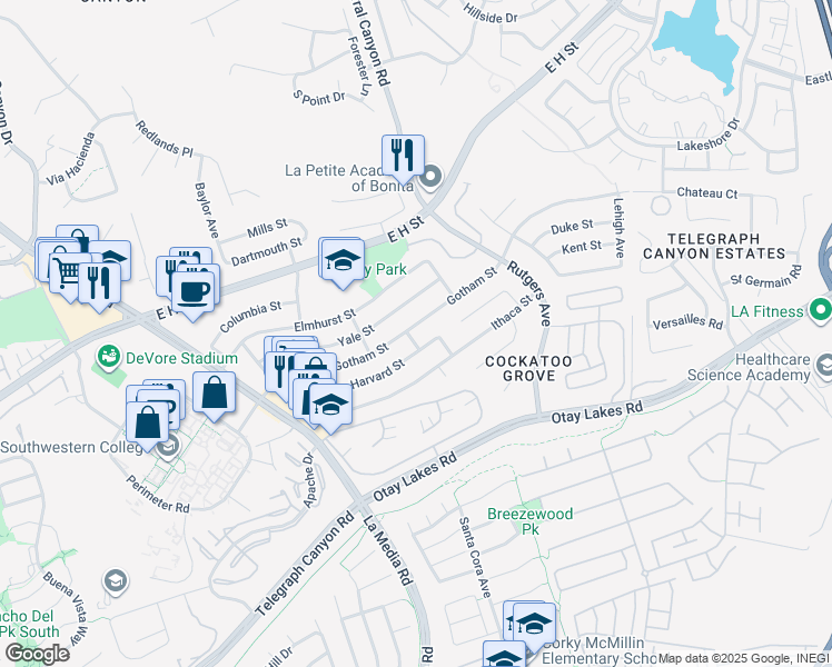 map of restaurants, bars, coffee shops, grocery stores, and more near 1748 Gotham Street in Chula Vista