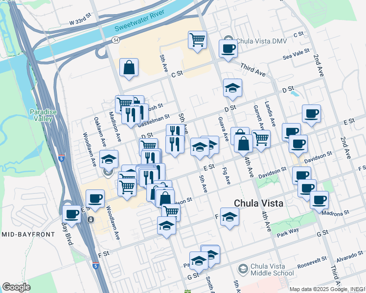 map of restaurants, bars, coffee shops, grocery stores, and more near 513 Flower Street in Chula Vista
