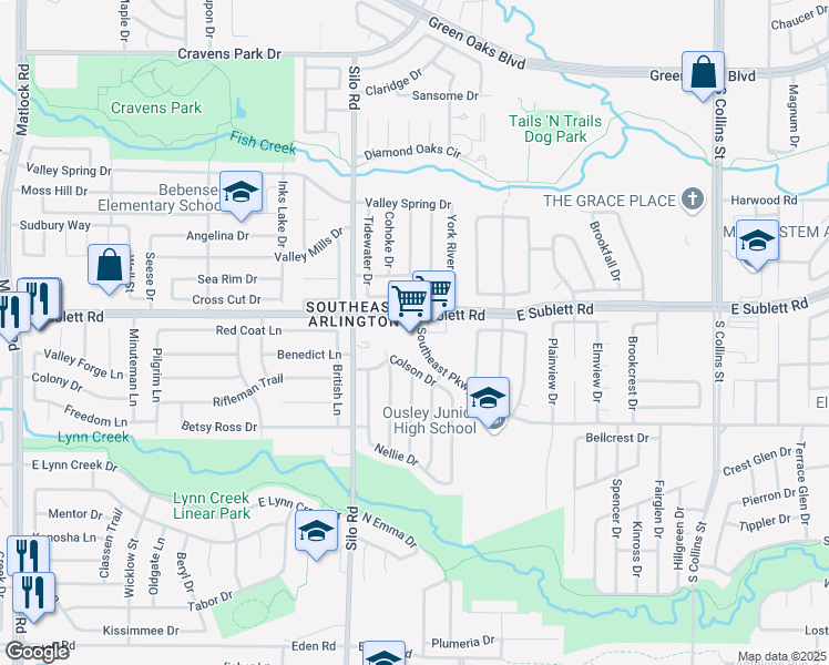 map of restaurants, bars, coffee shops, grocery stores, and more near 734 Southeast Parkway in Arlington