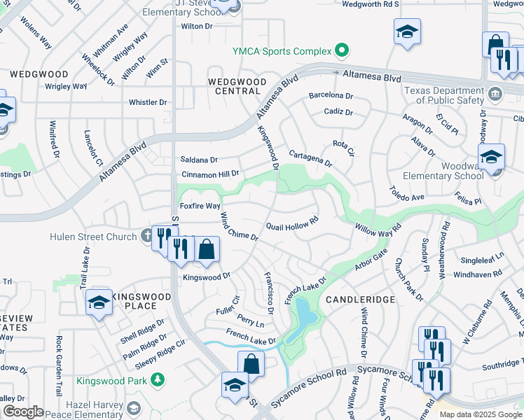 map of restaurants, bars, coffee shops, grocery stores, and more near 4505 Foxfire Way in Fort Worth