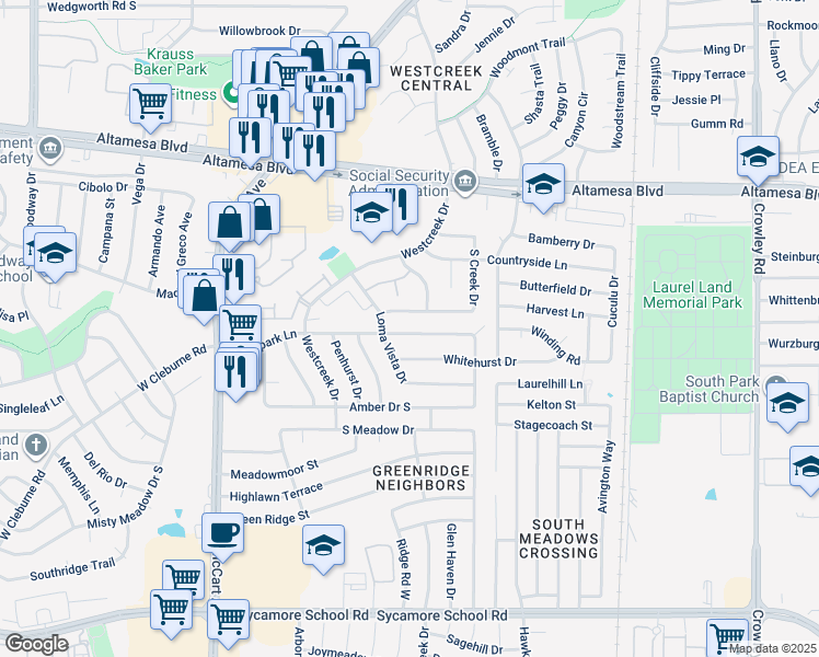 map of restaurants, bars, coffee shops, grocery stores, and more near 2808 Southpark Lane in Fort Worth