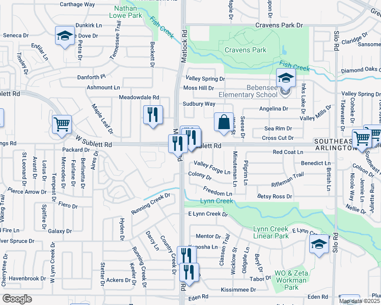 map of restaurants, bars, coffee shops, grocery stores, and more near 6201 Matlock Road in Arlington