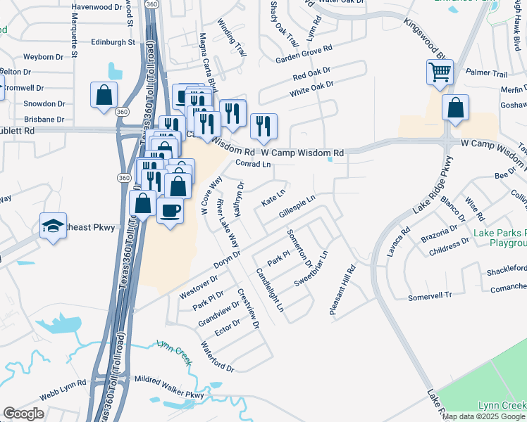 map of restaurants, bars, coffee shops, grocery stores, and more near 2843 Kate Lane in Grand Prairie
