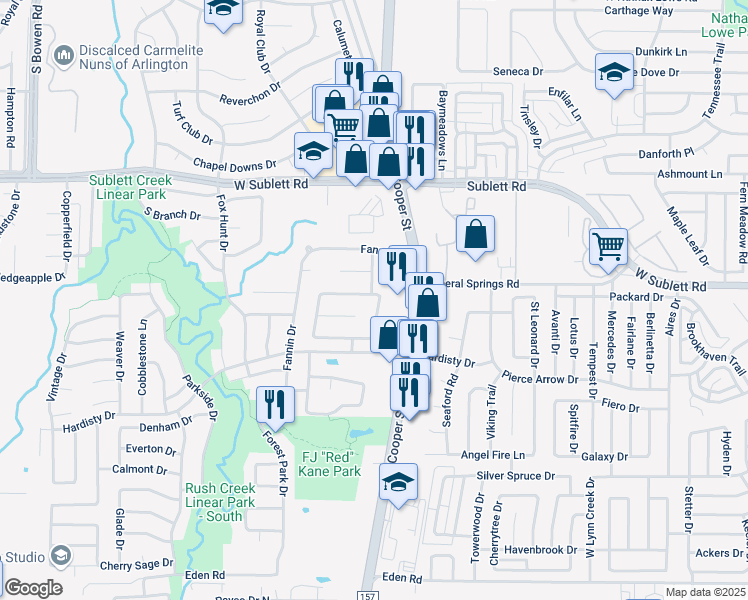 map of restaurants, bars, coffee shops, grocery stores, and more near 6202 Prairie Vista Drive in Arlington