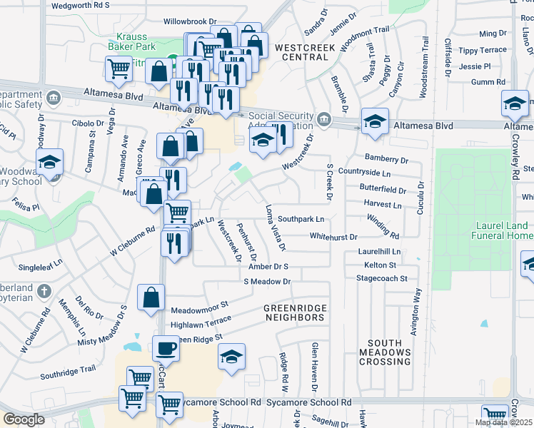 map of restaurants, bars, coffee shops, grocery stores, and more near 2930 Westvista Circle in Fort Worth