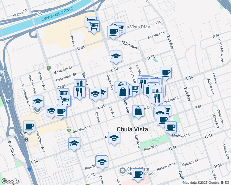 map of restaurants, bars, coffee shops, grocery stores, and more near 164 Guava Avenue in Chula Vista