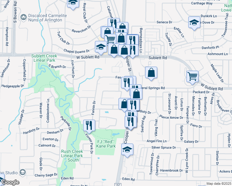 map of restaurants, bars, coffee shops, grocery stores, and more near 6202 Prairie Vista Drive in Arlington