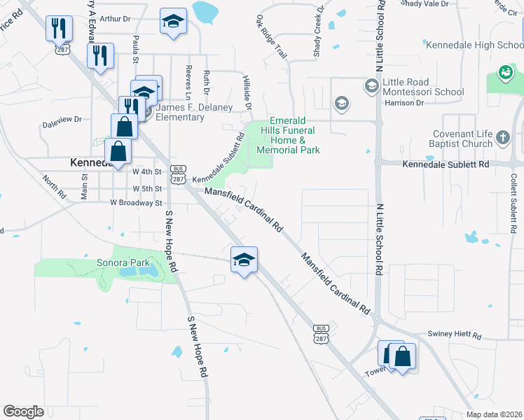 map of restaurants, bars, coffee shops, grocery stores, and more near 449 Mansfield Cardinal Road in Kennedale