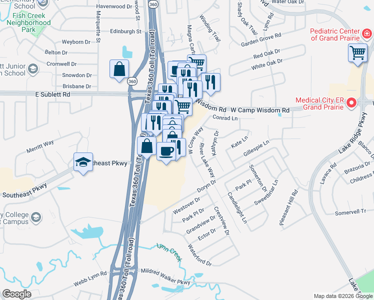 map of restaurants, bars, coffee shops, grocery stores, and more near 5271 West Cove Way in Grand Prairie