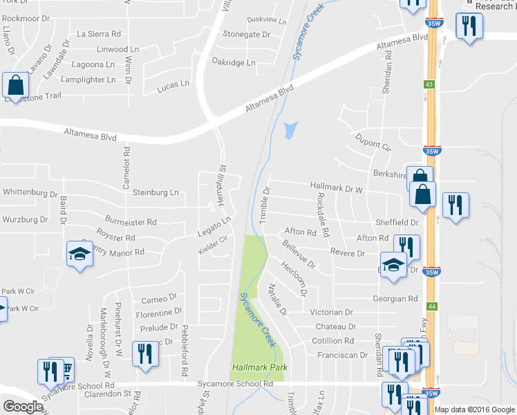 map of restaurants, bars, coffee shops, grocery stores, and more near 6936 Trimble Drive in Fort Worth