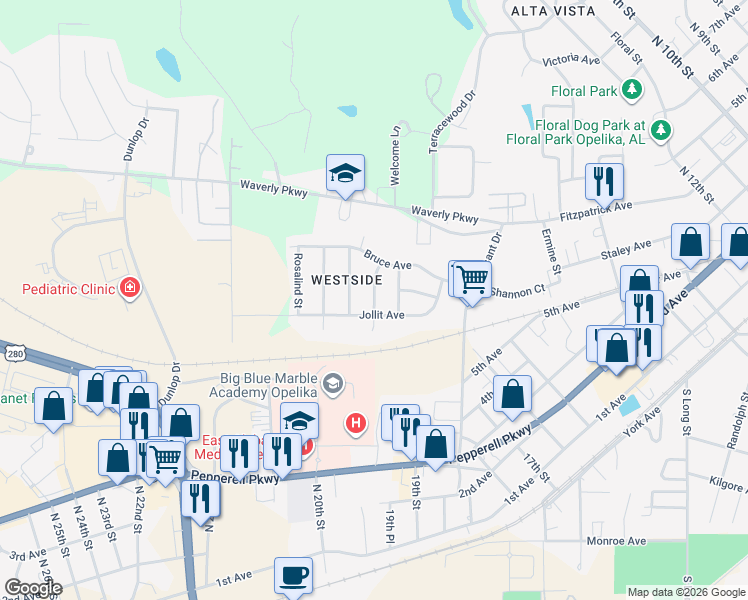 map of restaurants, bars, coffee shops, grocery stores, and more near Winston Street in Opelika