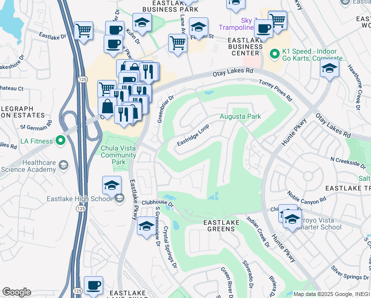 map of restaurants, bars, coffee shops, grocery stores, and more near 2394 Eastridge Loop in Chula Vista