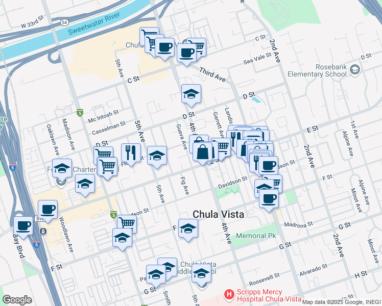 map of restaurants, bars, coffee shops, grocery stores, and more near 164 Guava Avenue in Chula Vista