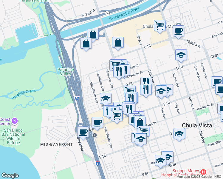 map of restaurants, bars, coffee shops, grocery stores, and more near 623 D Street in Chula Vista