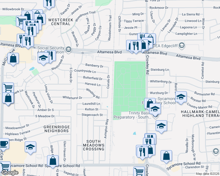 map of restaurants, bars, coffee shops, grocery stores, and more near 6800 Cuculu Drive in Fort Worth