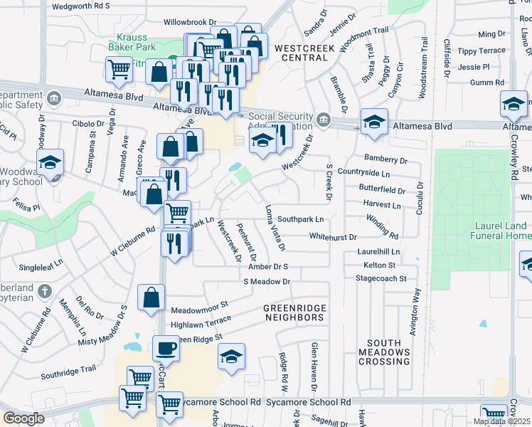 map of restaurants, bars, coffee shops, grocery stores, and more near 2930 Westvista Circle in Fort Worth
