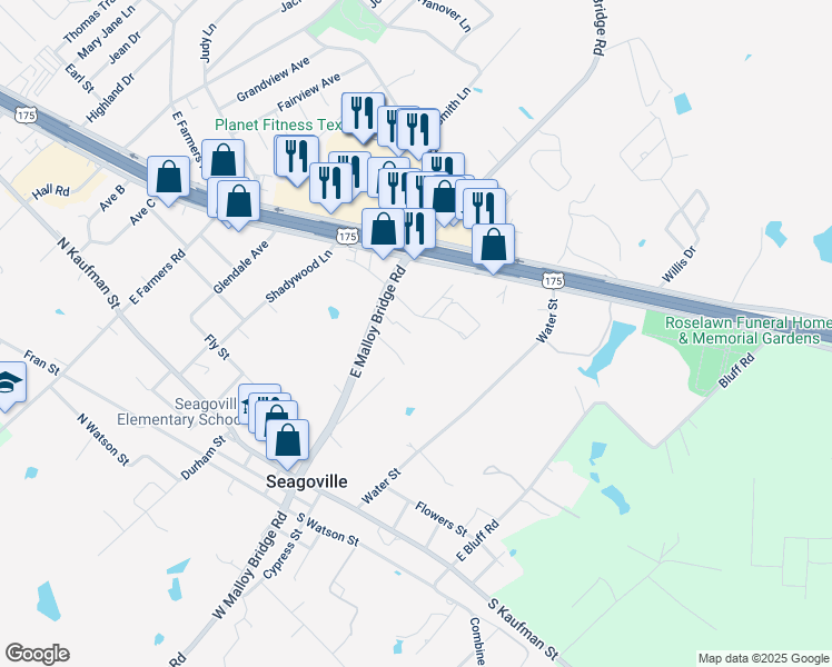 map of restaurants, bars, coffee shops, grocery stores, and more near 340 East Malloy Bridge Road in Seagoville