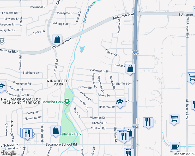 map of restaurants, bars, coffee shops, grocery stores, and more near 6916 Chippendale Drive in Fort Worth