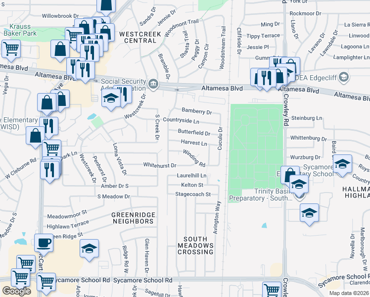 map of restaurants, bars, coffee shops, grocery stores, and more near 2616 Winding Road in Fort Worth