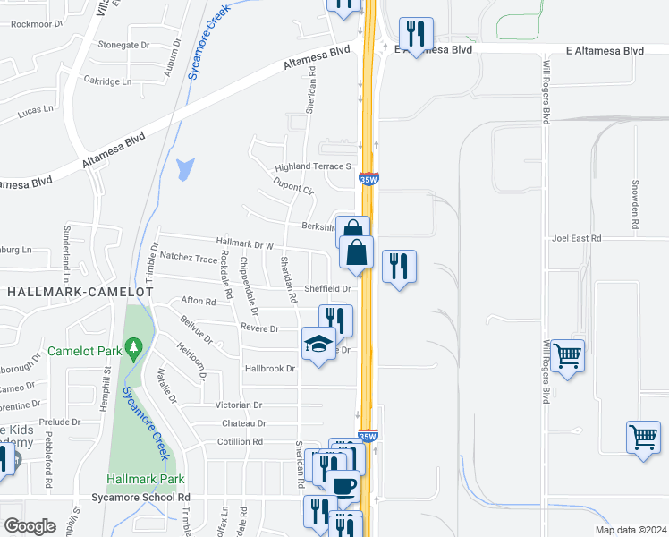 map of restaurants, bars, coffee shops, grocery stores, and more near 6913 Hallmark Drive South in Fort Worth