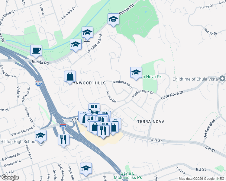 map of restaurants, bars, coffee shops, grocery stores, and more near 430 Starwood Circle in Chula Vista
