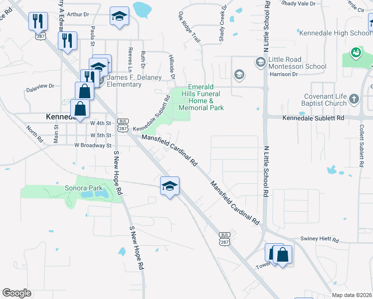 map of restaurants, bars, coffee shops, grocery stores, and more near 449 Mansfield Cardinal Road in Kennedale