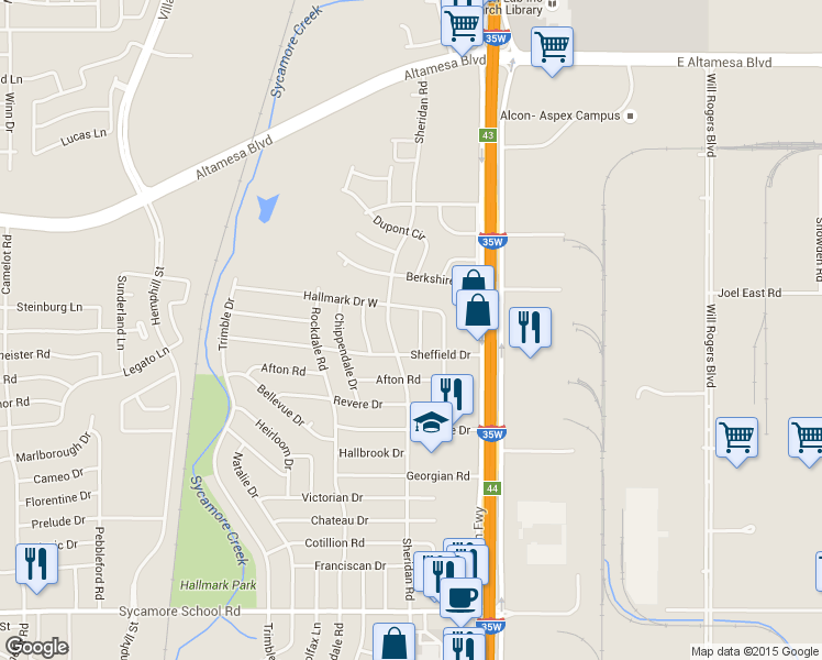 map of restaurants, bars, coffee shops, grocery stores, and more near 6908 Heritage Ln in Fort Worth
