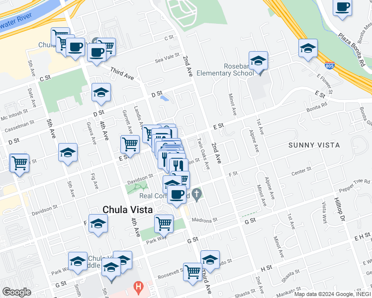 map of restaurants, bars, coffee shops, grocery stores, and more near 224 Del Mar Avenue in Chula Vista