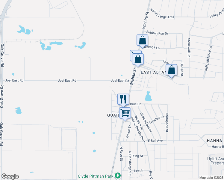 map of restaurants, bars, coffee shops, grocery stores, and more near 57 Daymist Drive in Fort Worth