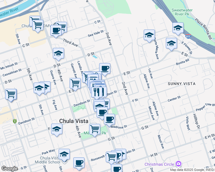 map of restaurants, bars, coffee shops, grocery stores, and more near 216 Del Mar Avenue in Chula Vista