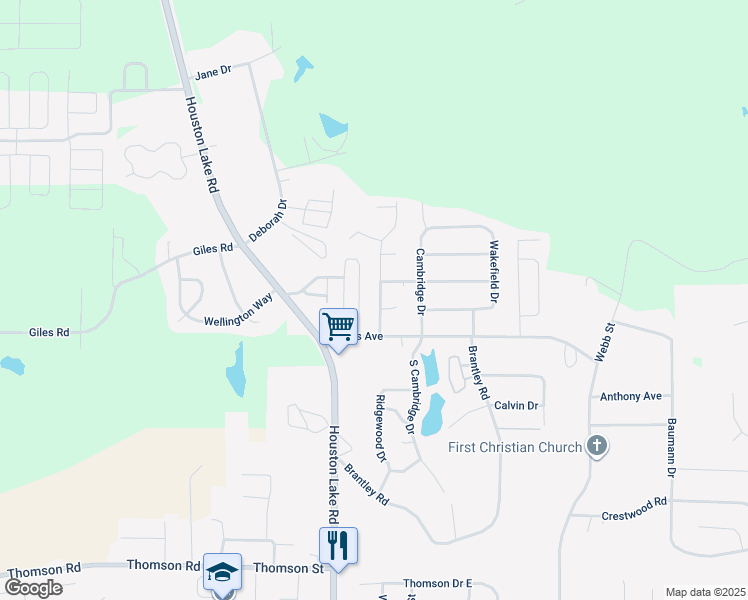 map of restaurants, bars, coffee shops, grocery stores, and more near 109 Surrey Drive in Warner Robins