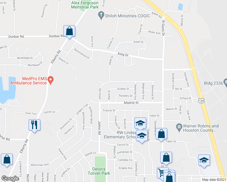 map of restaurants, bars, coffee shops, grocery stores, and more near 125 Dudley Street in Warner Robins