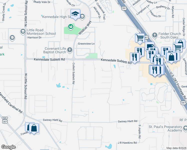 map of restaurants, bars, coffee shops, grocery stores, and more near 1210 Vera Ln in Kennedale