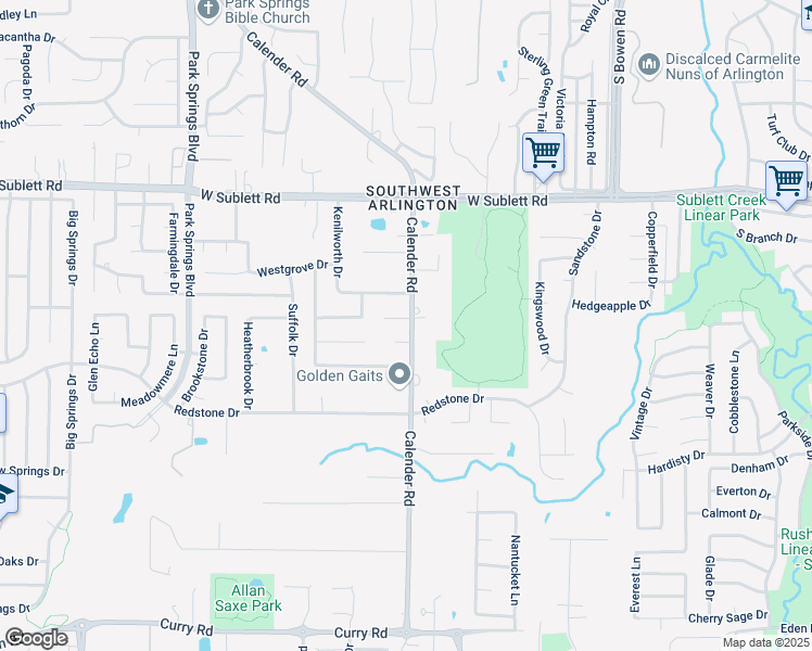map of restaurants, bars, coffee shops, grocery stores, and more near 3200 Calender Park Court in Arlington