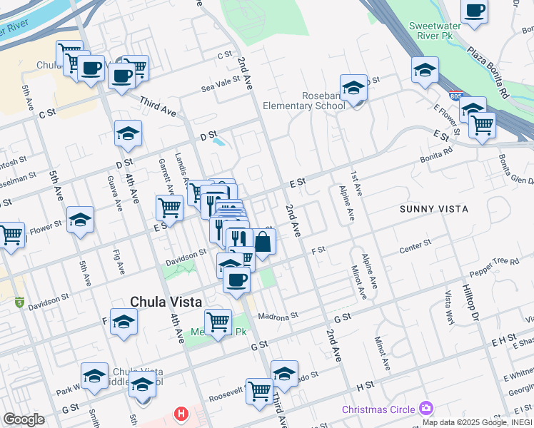 map of restaurants, bars, coffee shops, grocery stores, and more near 230 Twin Oaks Avenue in Chula Vista