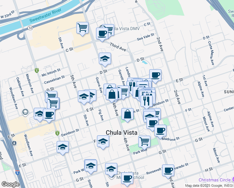 map of restaurants, bars, coffee shops, grocery stores, and more near in Chula Vista